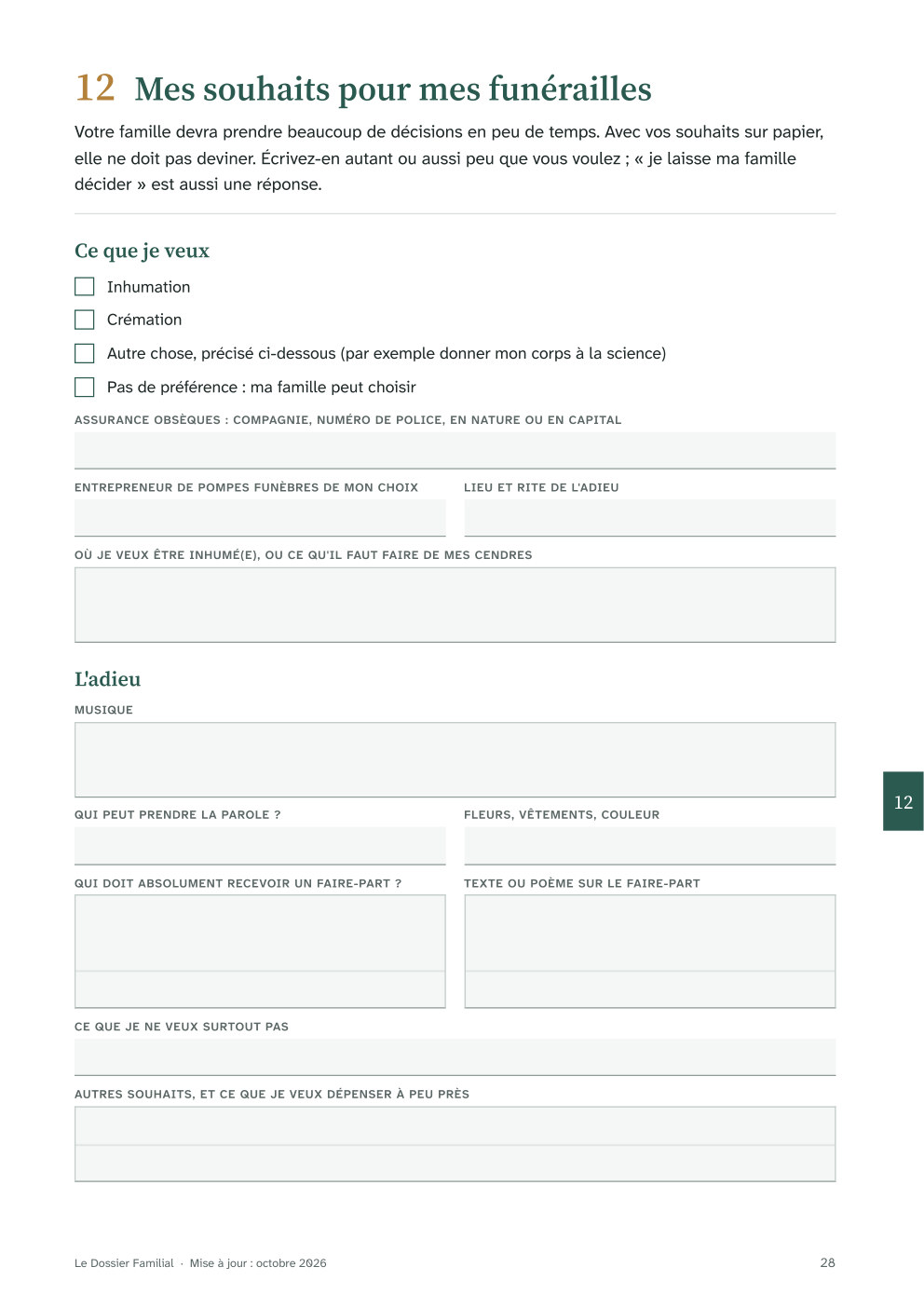 Page 'Mes souhaits pour mes funérailles'